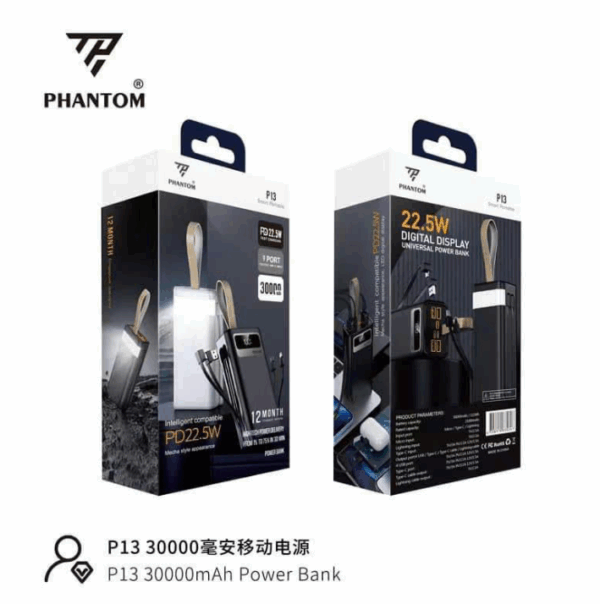PIN DP PHANTOM P13 30,000MAH Qc 3.0 22.5w, 7 cổng sạc+  kèm 2 dây