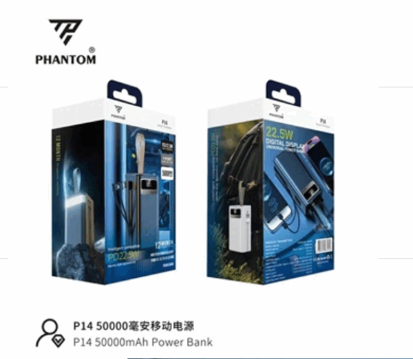PIN DP PHANTOM P14 50,000MAH Qc 3.0 22.5w, 7 cổng sạc+  kèm 2 dây + đèn LED + led % pin